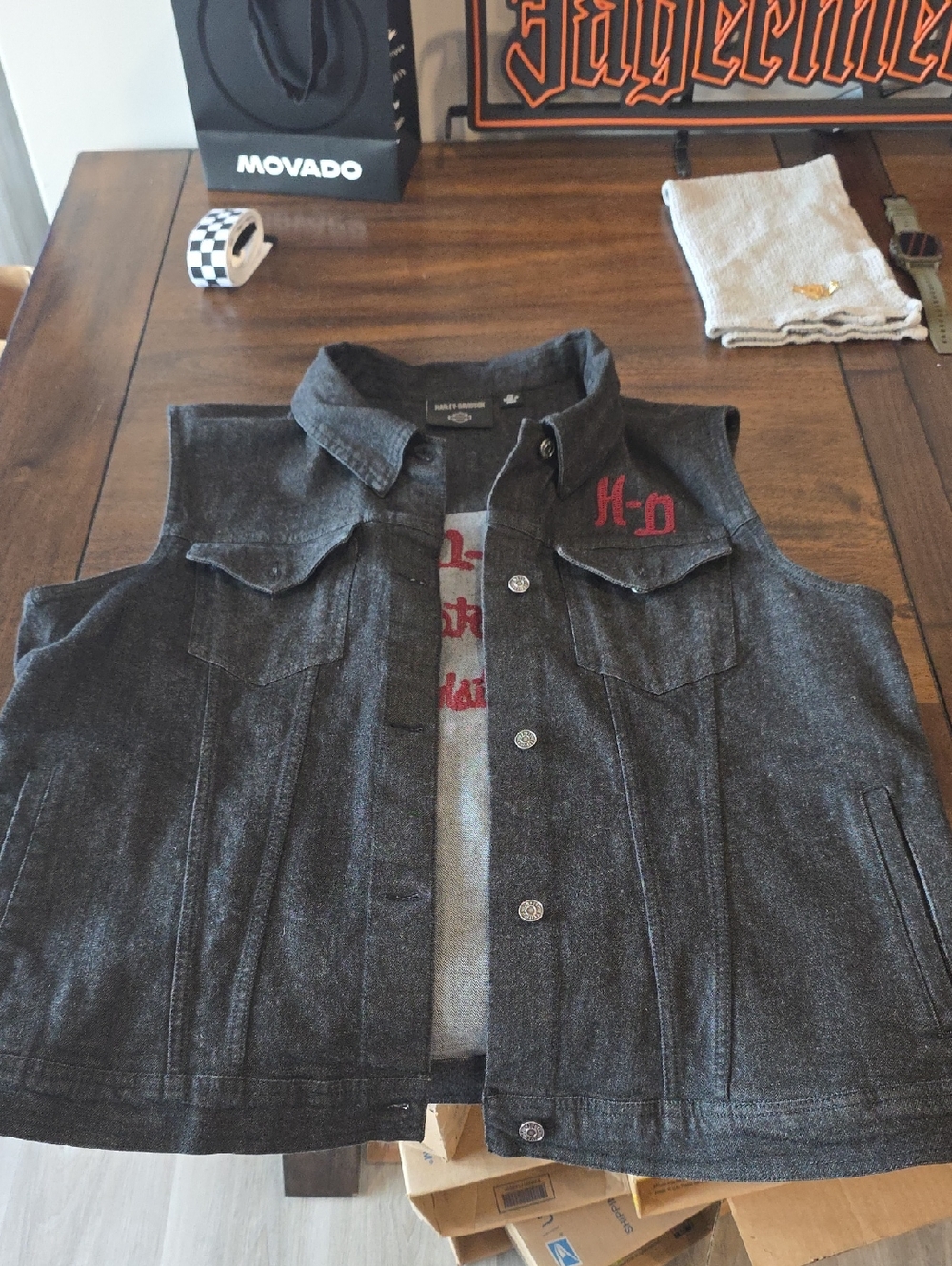 Harley-Davidson Black Denim Vest with Red Back Accent